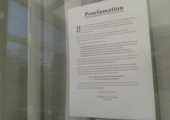A copy of Governor Linden's new proclamation posted outside a residence in Rudno.